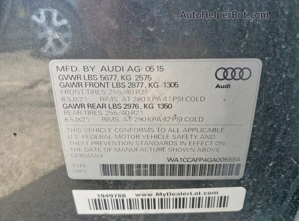 WA1CCAFP4GA005554 2016 AUDI SQ5 Gray VIN sticker view
