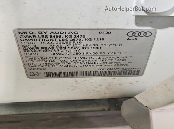 WA1CNAFY4L2094582 2020 AUDI Q5 White Вид наклейки з VIN-кодом