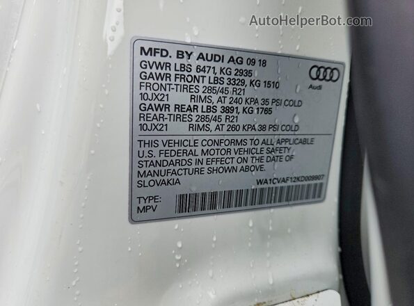 WA1CVAF12KD009907 2019 AUDI Q8 White სალონის 360-გრადუსიანი ხედი