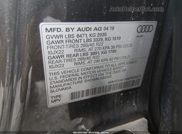 WA1CVAF14KD035571 2019 AUDI Q8 Gray Widok komory silnika