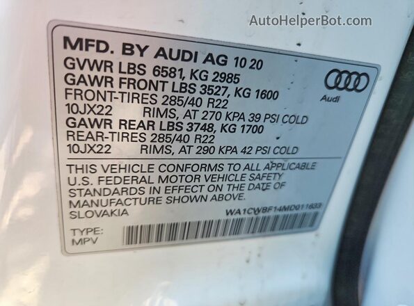 WA1CWBF14MD011633 2021 AUDI SQ8 White 
