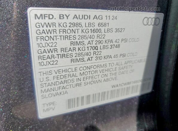 WA1CWBF16SD015308 2025 AUDI SQ8 Gray VIN კოდის სტიკერის ხედი