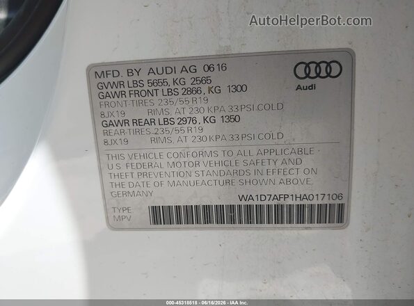 WA1D7AFP1HA017106 2017 AUDI Q5 White Вид підкапотного простору