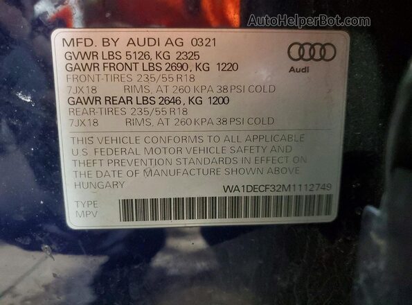 WA1DECF32M1112749 2021 AUDI Q3 Blue 360 interior view