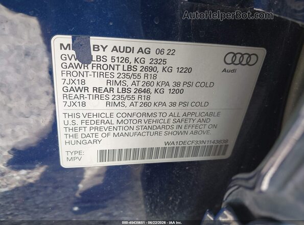 WA1DECF33N1143638 2022 AUDI Q3 Blue Engine compartment view