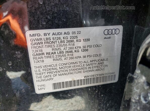 WA1DECF38N1131940 2022 AUDI Q3 Black Widok naklejki z numerem VIN