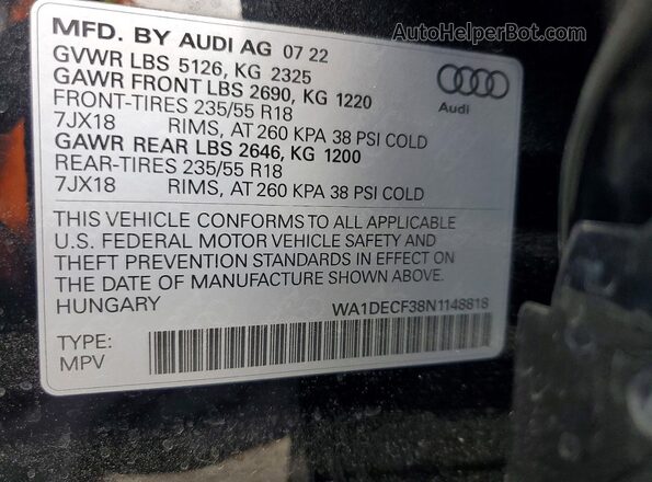 WA1DECF38N1148818 2022 AUDI Q3 Black VIN կոդի պիտակի տեսք