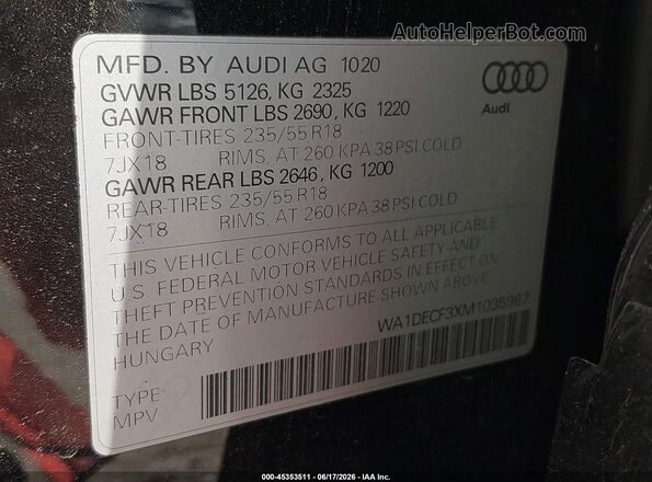 WA1DECF3XM1035967 2021 AUDI Q3 Черный Вид подкапотного пространства