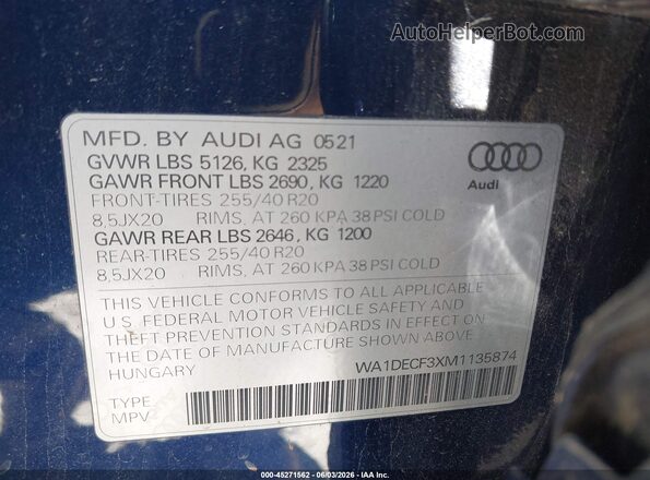 WA1DECF3XM1135874 2021 AUDI Q3 Blue Շարժիչի բաժամունքի տեսք