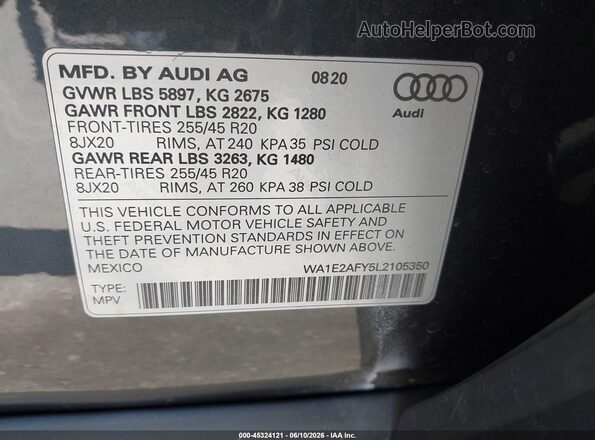 WA1E2AFY5L2105350 2020 AUDI Q5 Black Vista del compartimento del motor