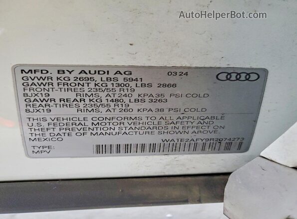 WA1E2AFY9R2074273 2024 AUDI Q5 White VIN կոդի պիտակի տեսք