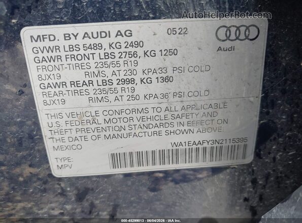 WA1EAAFY3N2115395 2022 AUDI Q5 Blue Engine compartment view