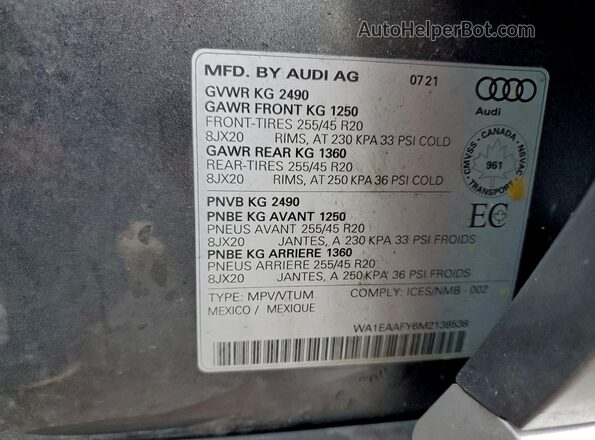 WA1EAAFY6M2138538 2021 AUDI Q5 Угольный 