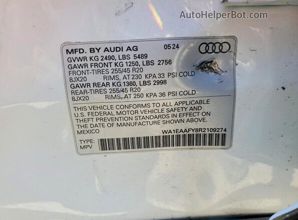 WA1EAAFY8R2109274 2024 AUDI Q5 White Vista de la etiqueta del VIN