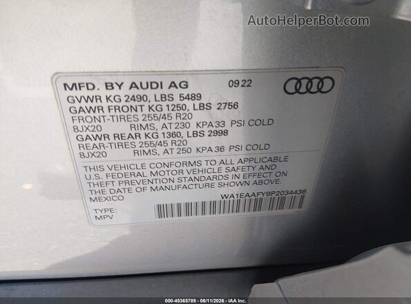 WA1EAAFY9P2034436 2023 AUDI Q5 Silver ძრავის განყოფილების ხედი