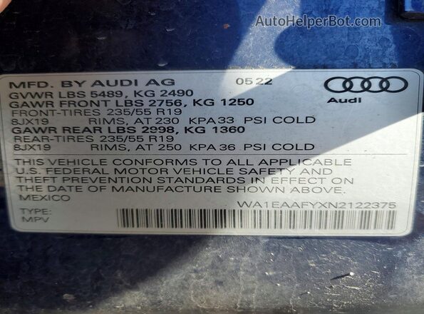 WA1EAAFYXN2122375 2022 AUDI Q5 Blue Սալոնի 360 աստիճան տեսք