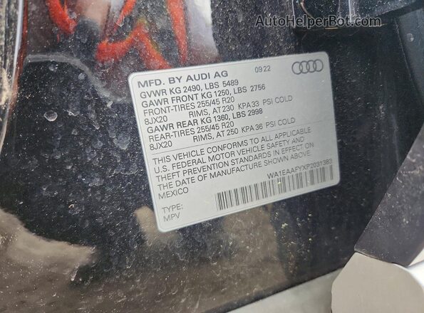 WA1EAAFYXP2031383 2023 AUDI Q5 Black VIN კოდის სტიკერის ხედი