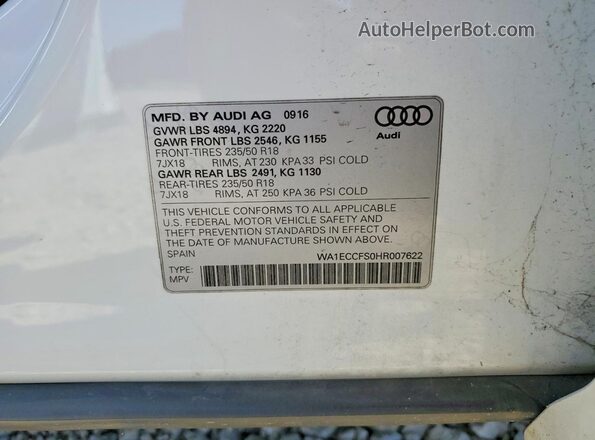 WA1ECCFS0HR007622 2017 AUDI Q3 White VIN կոդի պիտակի տեսք