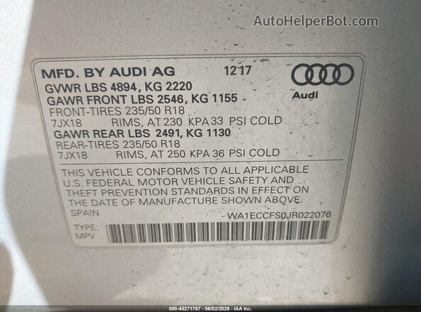 WA1ECCFS0JR022076 2018 AUDI Q3 Silver Շարժիչի բաժամունքի տեսք