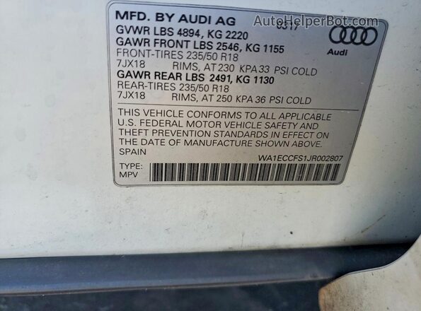 WA1ECCFS1JR002807 2018 AUDI Q3 White VIN კოდის სტიკერის ხედი