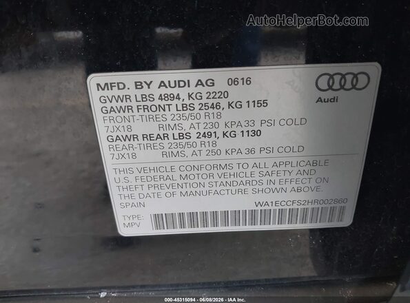 WA1ECCFS2HR002860 2017 AUDI Q3 Черный 