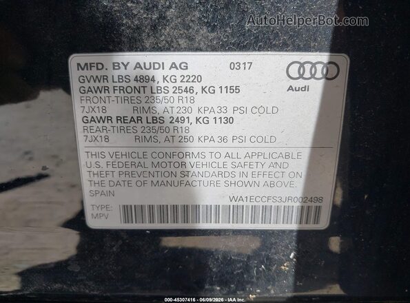 WA1ECCFS3JR002498 2018 AUDI Q3 Черный Вид подкапотного пространства