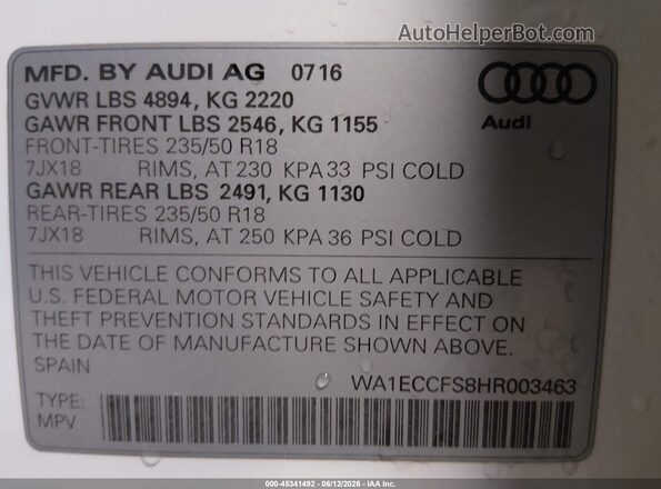 WA1ECCFS8HR003463 2017 AUDI Q3 White ძრავის განყოფილების ხედი