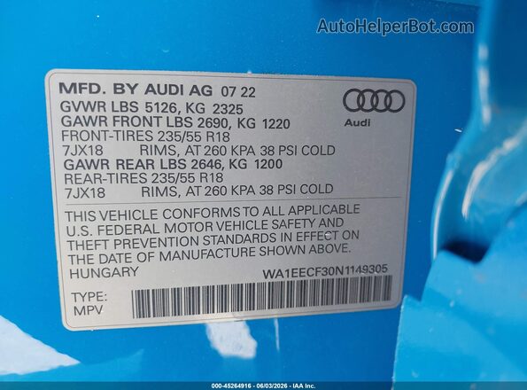 WA1EECF30N1149305 2022 AUDI Q3 Blue ძრავის განყოფილების ხედი