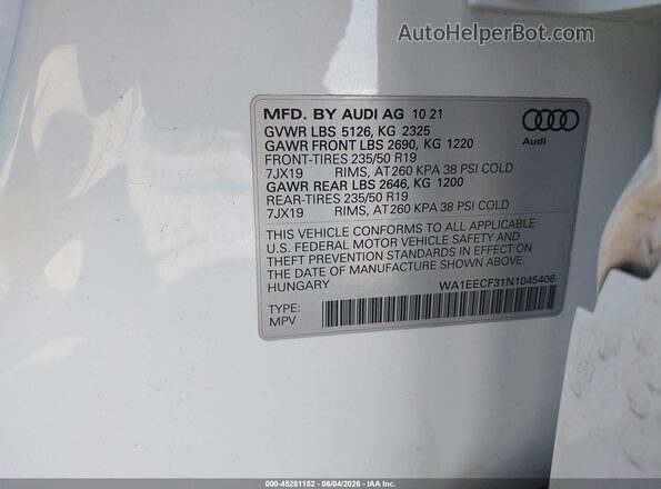 WA1EECF31N1045406 2022 AUDI Q3 White Engine compartment view
