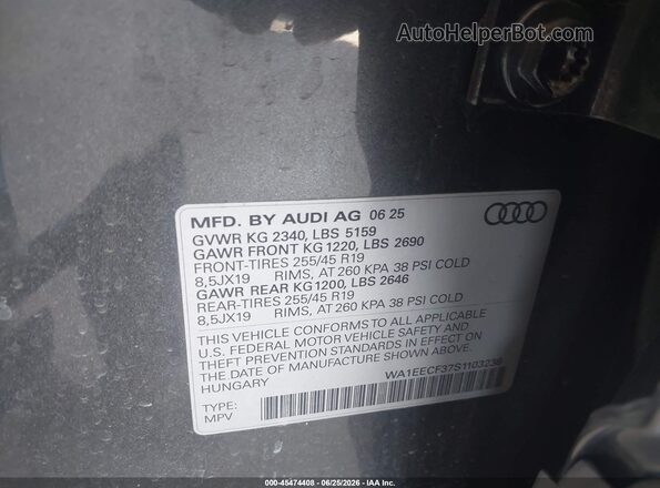 WA1EECF37S1103238 2025 AUDI Q3 Gray Engine compartment view