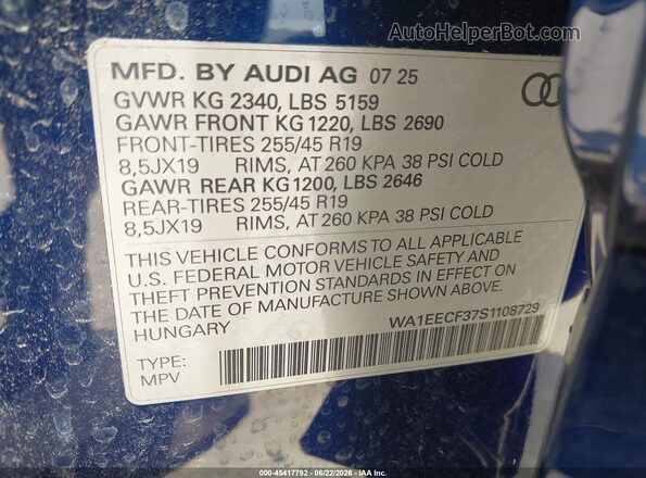 WA1EECF37S1108729 2025 AUDI Q3 Синий Вид подкапотного пространства