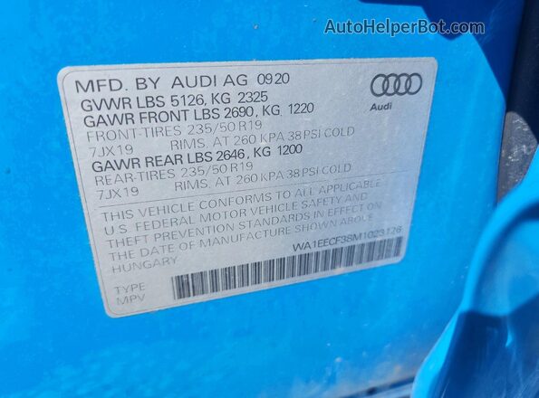 WA1EECF38M1023126 2021 AUDI Q3 Blue VIN կոդի պիտակի տեսք