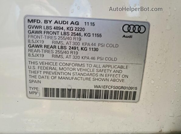WA1EFCFS0GR010915 2016 AUDI Q3 White Շարժիչի բաժամունքի տեսք