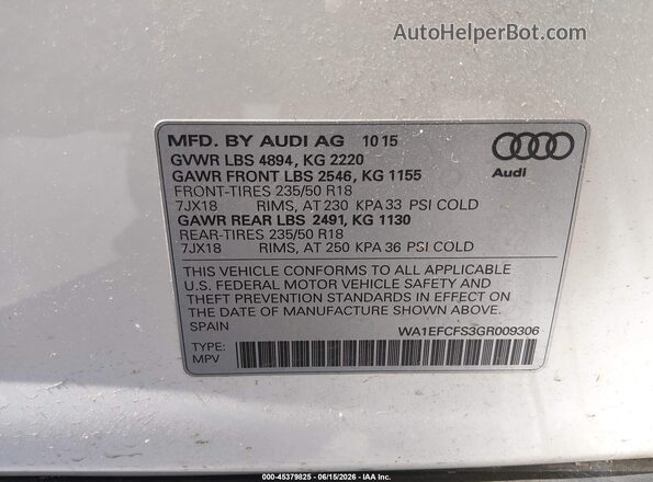 WA1EFCFS3GR009306 2016 AUDI Q3 White Вид підкапотного простору