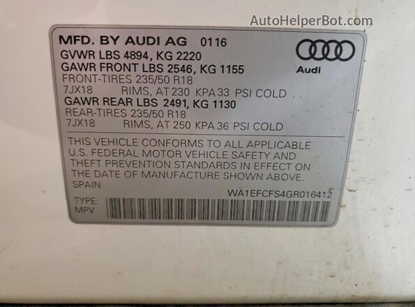 WA1EFCFS4GR016412 2016 AUDI Q3 White Vista de la etiqueta del VIN