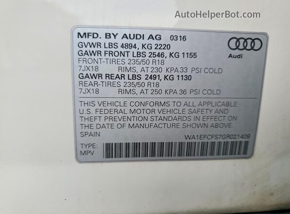 WA1EFCFS7GR021409 2016 AUDI Q3 White 