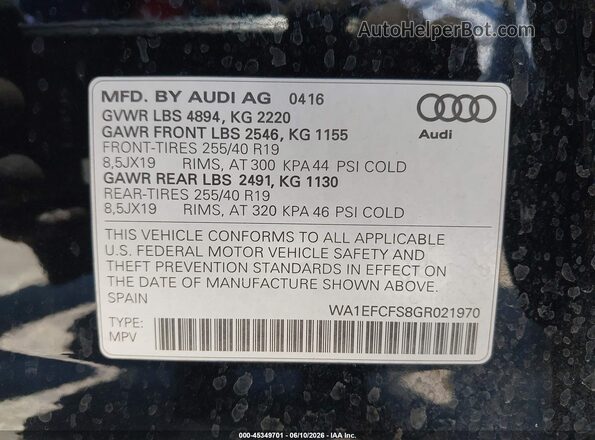 WA1EFCFS8GR021970 2016 AUDI Q3 Черный 