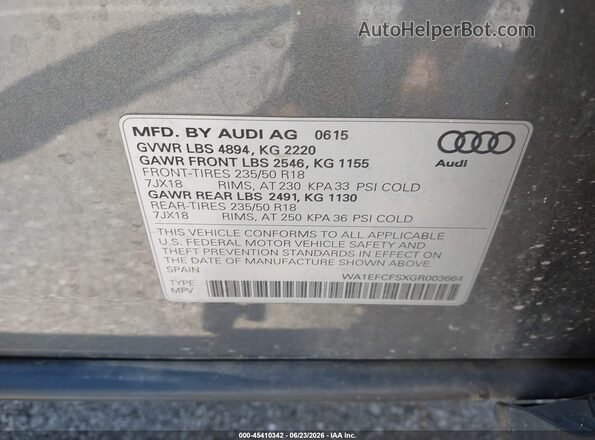 WA1EFCFSXGR003664 2016 AUDI Q3 Gray ძრავის განყოფილების ხედი