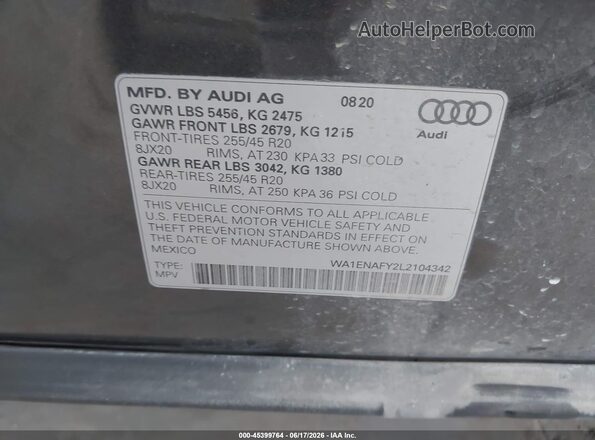 WA1ENAFY2L2104342 2020 AUDI Q5 Gray Vista del compartimento del motor