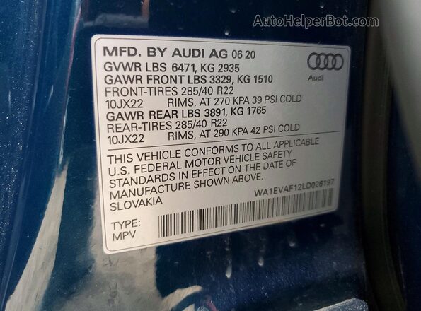 WA1EVAF12LD026197 2020 AUDI Q8 Blue Widok naklejki z numerem VIN
