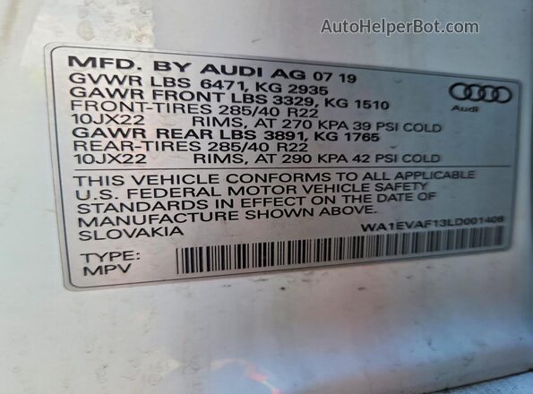 WA1EVAF13LD001406 2020 AUDI Q8 White 