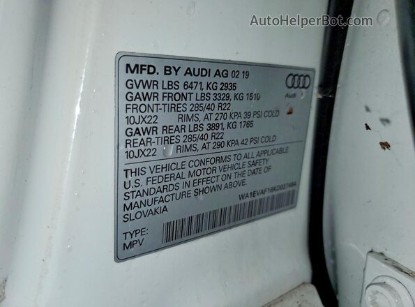 WA1EVAF16KD027464 2019 AUDI Q8 White Vista de la etiqueta del VIN