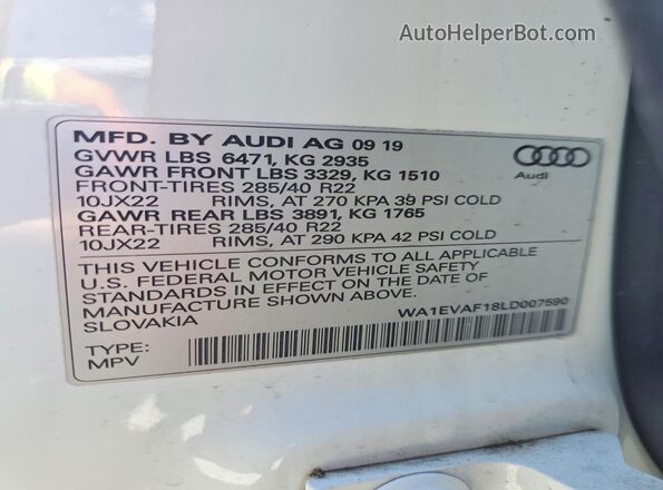 WA1EVAF18LD007590 2020 AUDI Q8 White VIN կոդի պիտակի տեսք