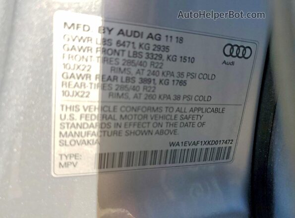 WA1EVAF1XKD017472 2019 AUDI Q8 Silver Vista de la etiqueta del VIN