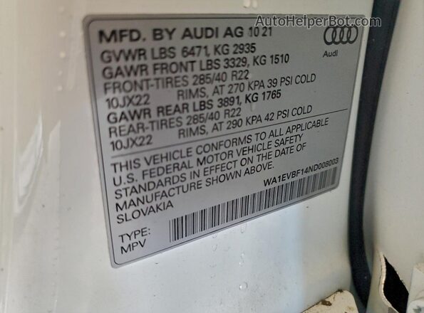 WA1EVBF14ND008003 2022 AUDI Q8 White Widok komory silnika
