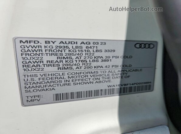 WA1EVBF14PD023894 2023 AUDI Q8 White VIN կոդի պիտակի տեսք