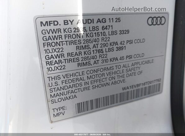 WA1EVBF16TD017752 2026 AUDI Q8 White Engine compartment view