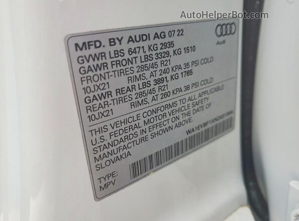 WA1EVBF1XND031804 2022 AUDI Q8 White VIN კოდის სტიკერის ხედი
