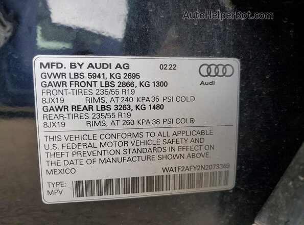 WA1F2AFY2N2073349 2022 AUDI Q5 Black Vista del compartimento del motor