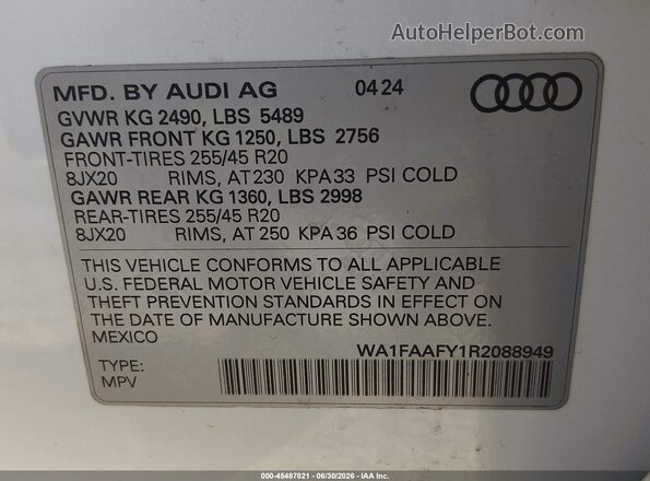 WA1FAAFY1R2088949 2024 AUDI Q5 White Vista del compartimento del motor